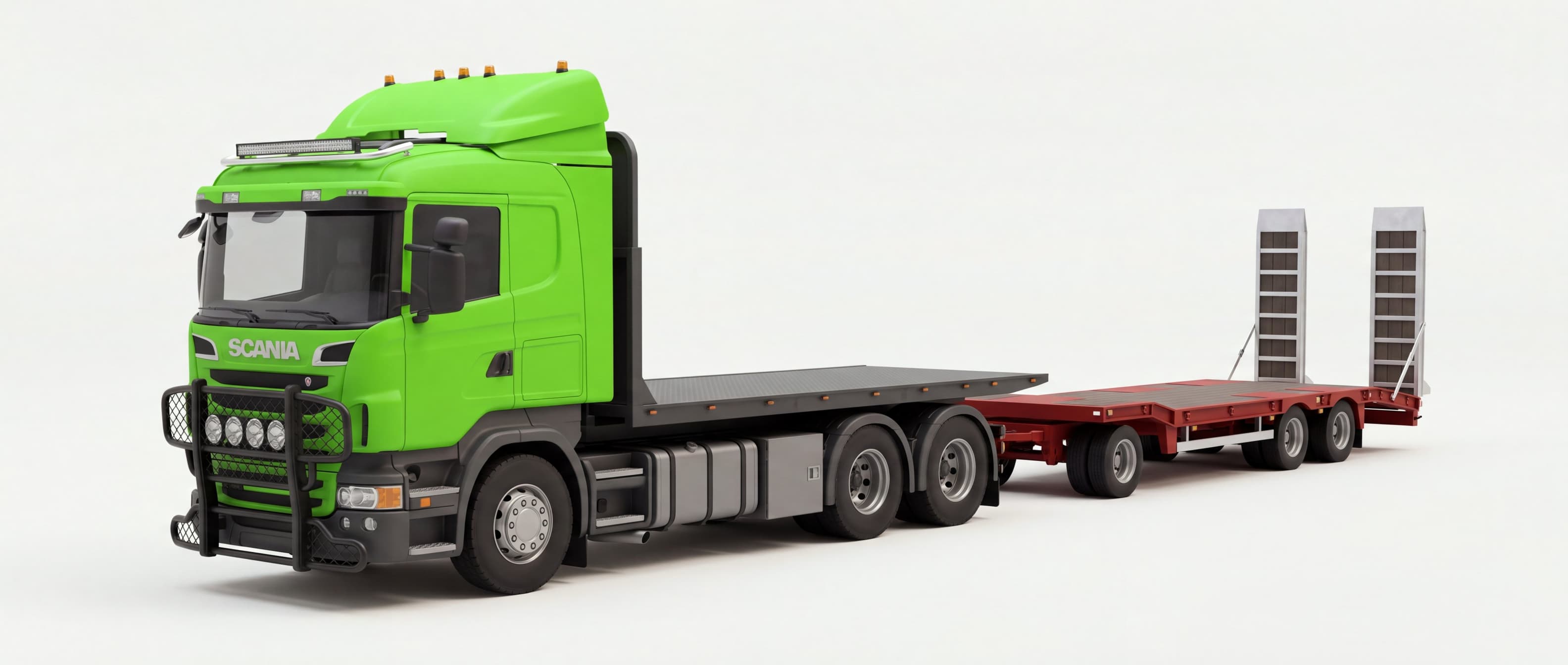 Ekipaget som skalmodell: limegrön Scania R730 lastväxlare med öppet flak och rött maskinsläp med ramper